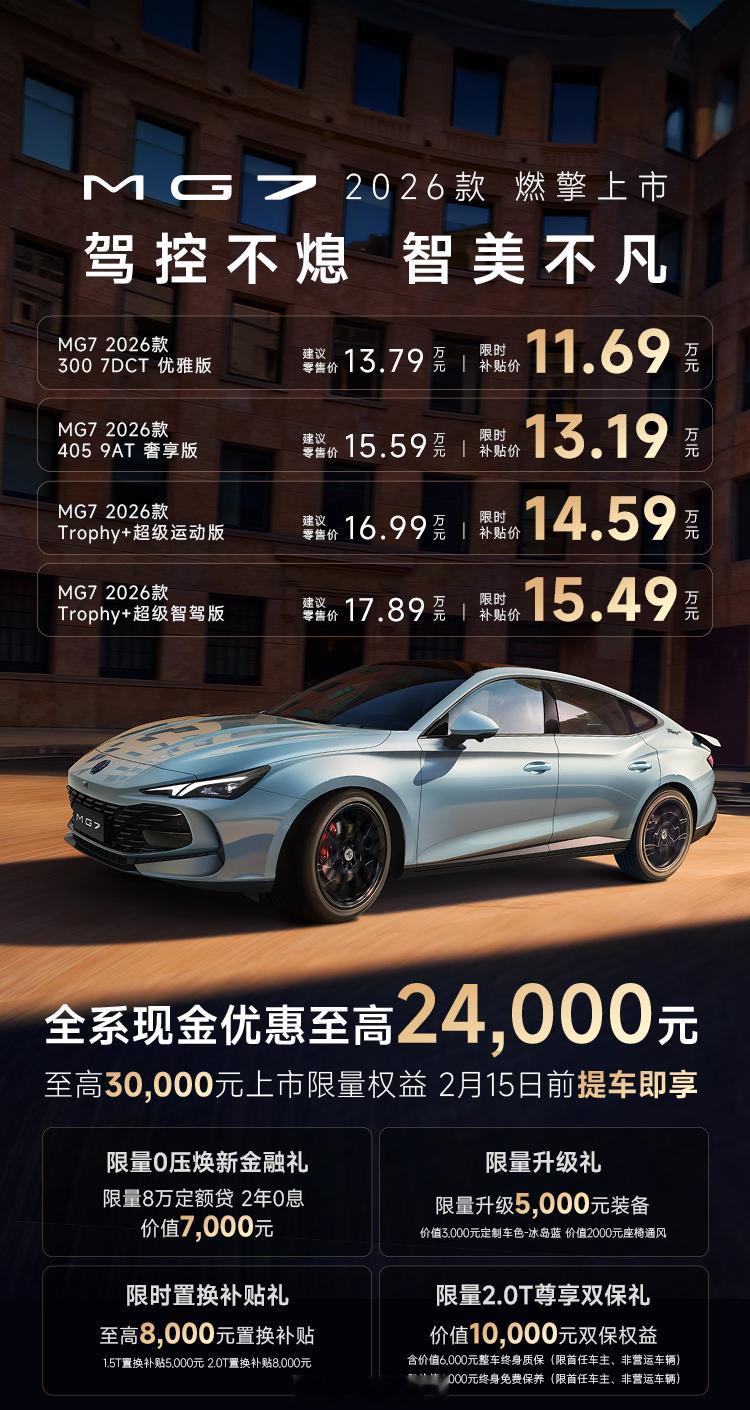 26款MG7正式上市，限时11.69万起售。新车尺寸4884mm x 1889m