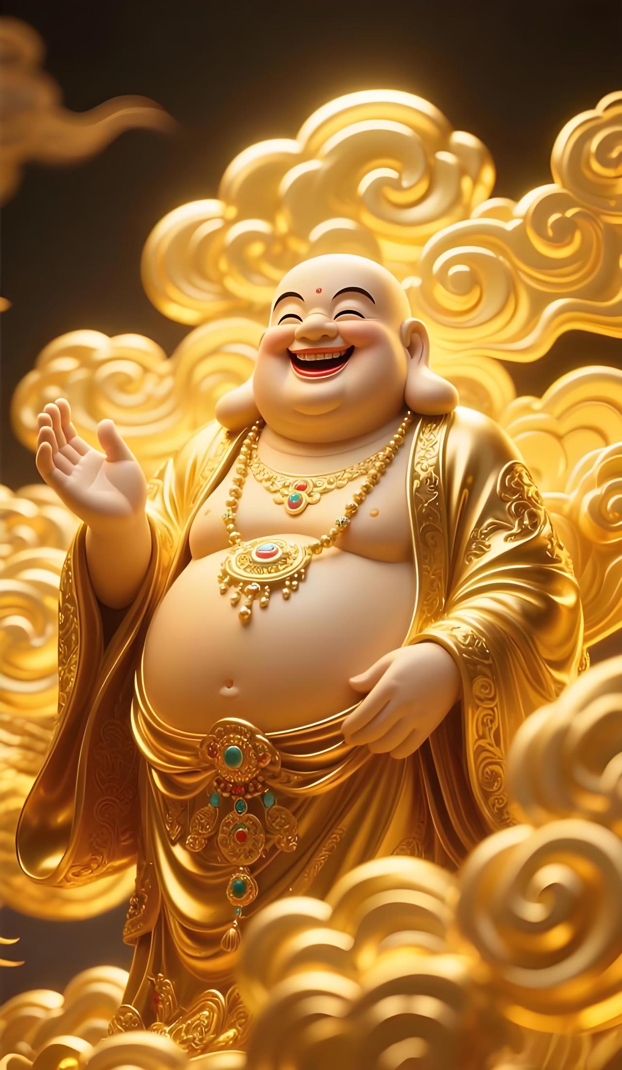 金佛开怀笑，福气满人间！愿这一抹祥和笑意，照亮岁岁平安，带来日日欢喜。愿你心中无