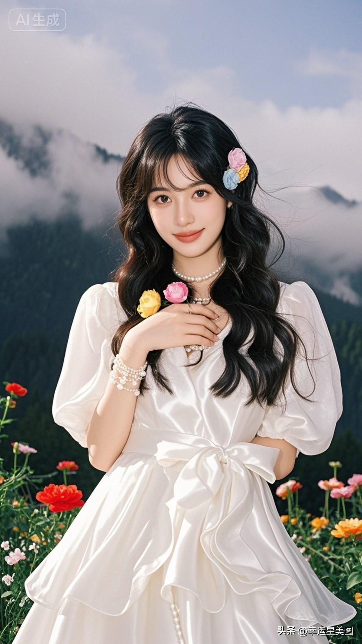 仙气飘飘的少女，置身花海与云雾之间，宛如画中人。