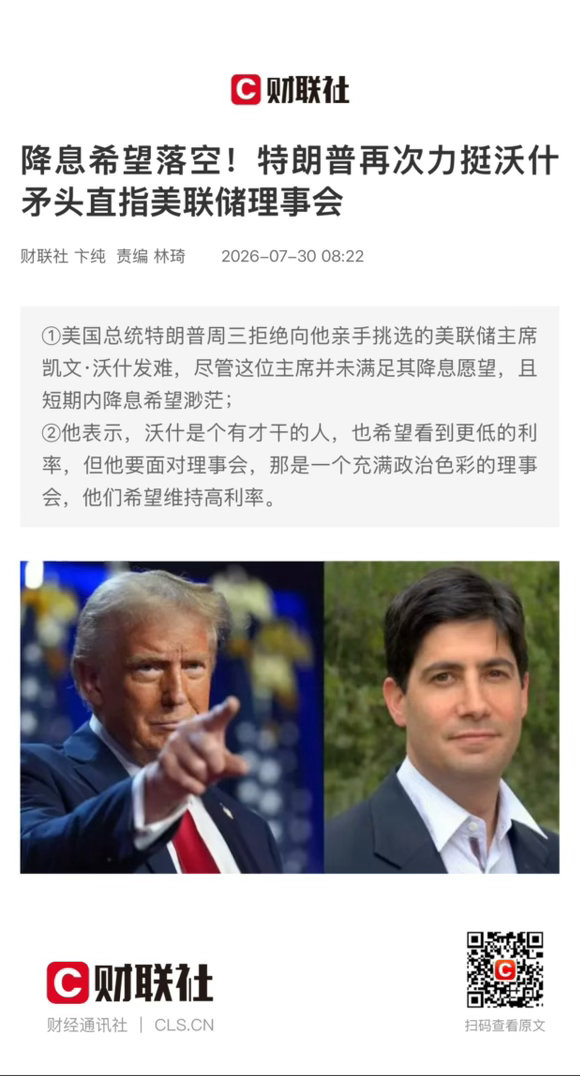 【 降息希望落空！特朗普再次力挺沃什 矛头直指美联储理事会 】　　（财联社  2