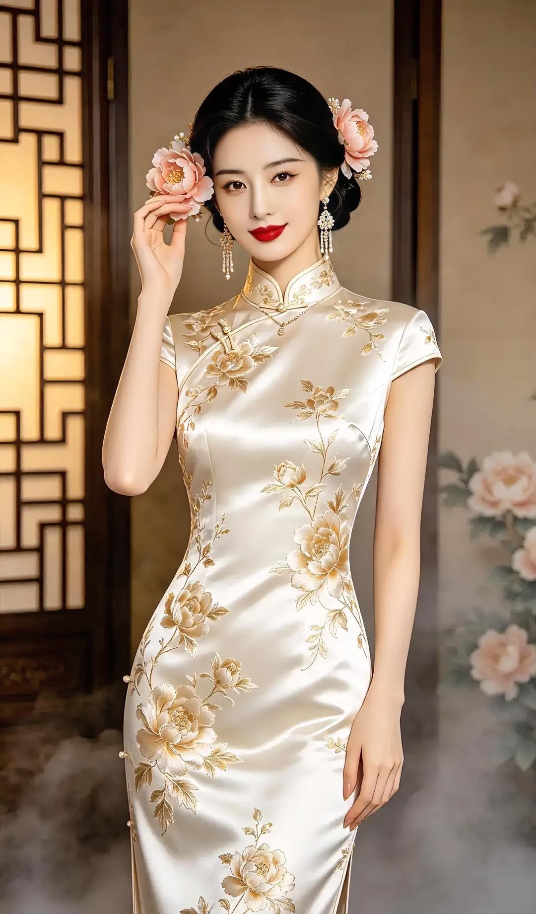 花开怎及她鬓边香？

旗袍绣金，牡丹缓缓绽放。

窗格漏下旧时光，

珠耳轻摇，