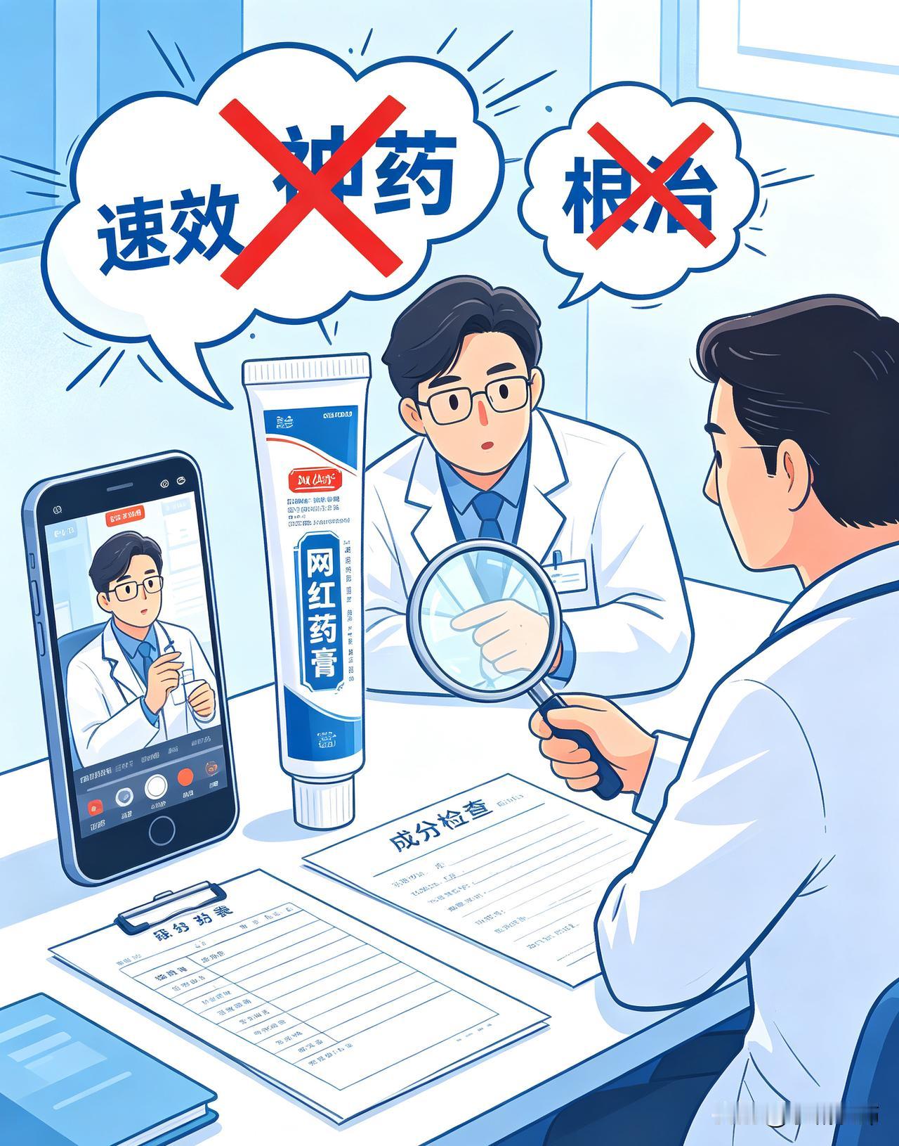 面对网红吹捧的“神药”药膏，绝不能盲目轻信。不少网红药膏夸大疗效，违规添加激素、