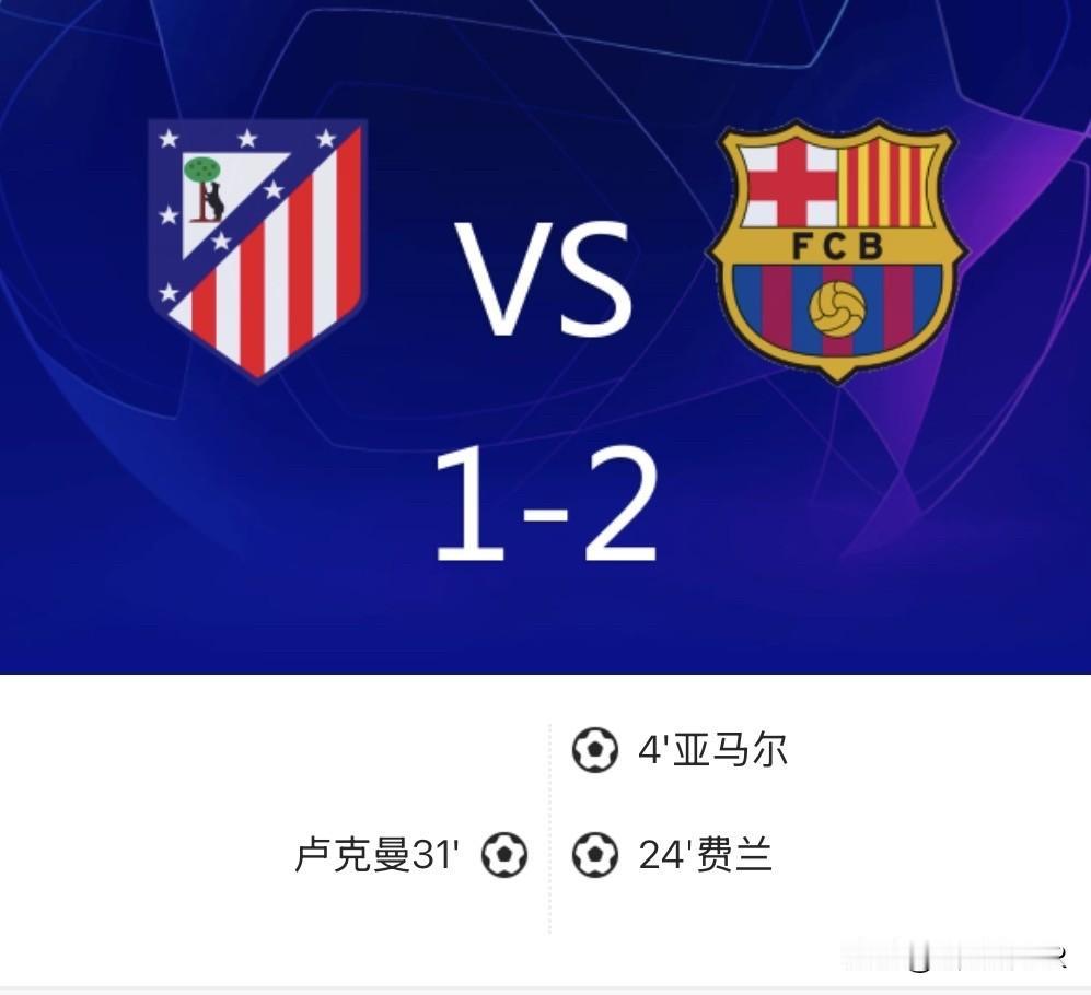 4月15日北京时间03:00，马德里竞技在欧冠1/4决赛中对阵巴塞罗那。上半场，