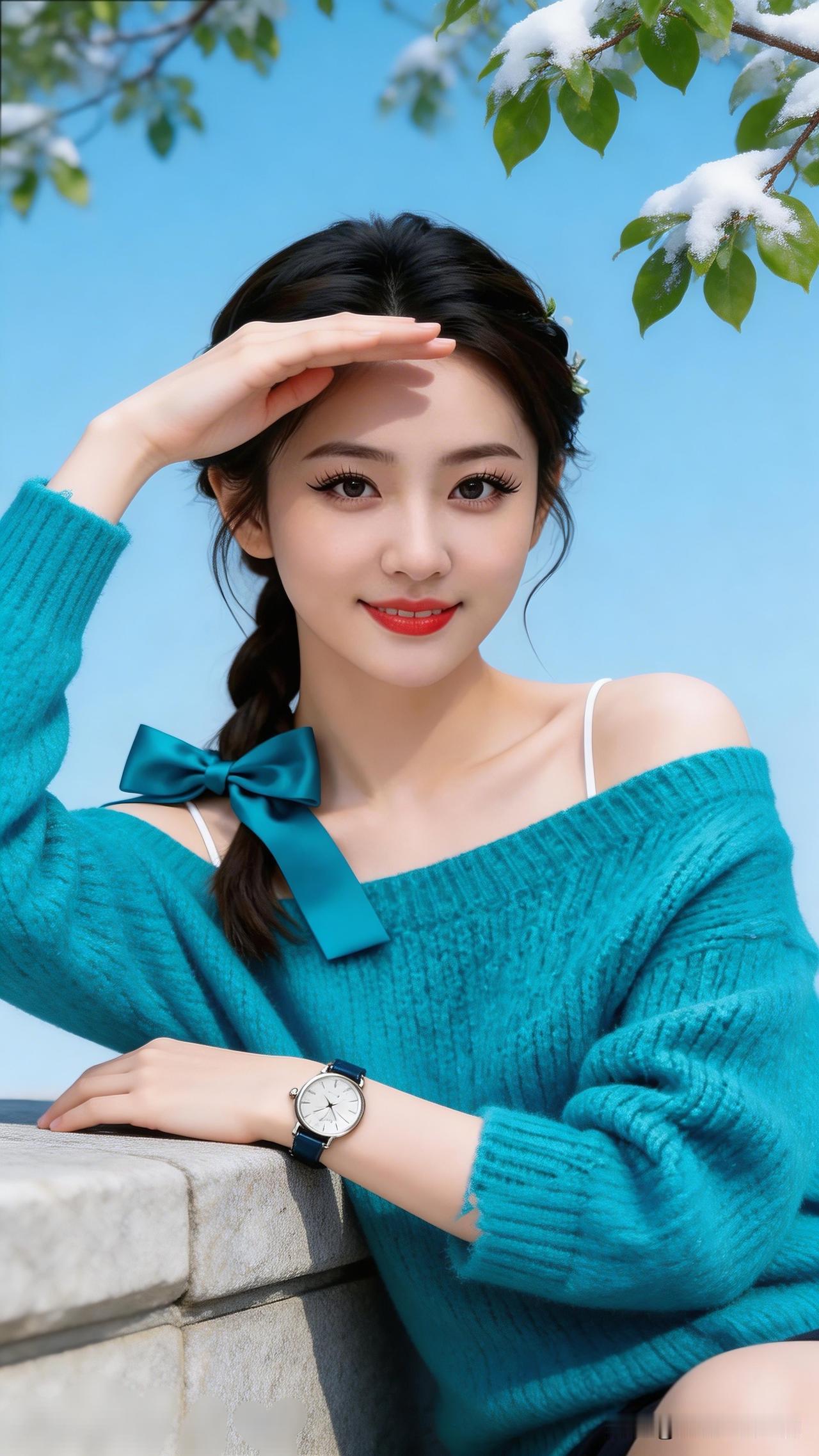 冬日暖阳下的甜美少女，蓝绿毛衣与红唇的完美搭配，尽显青春活力！🌞💄👗分享唯