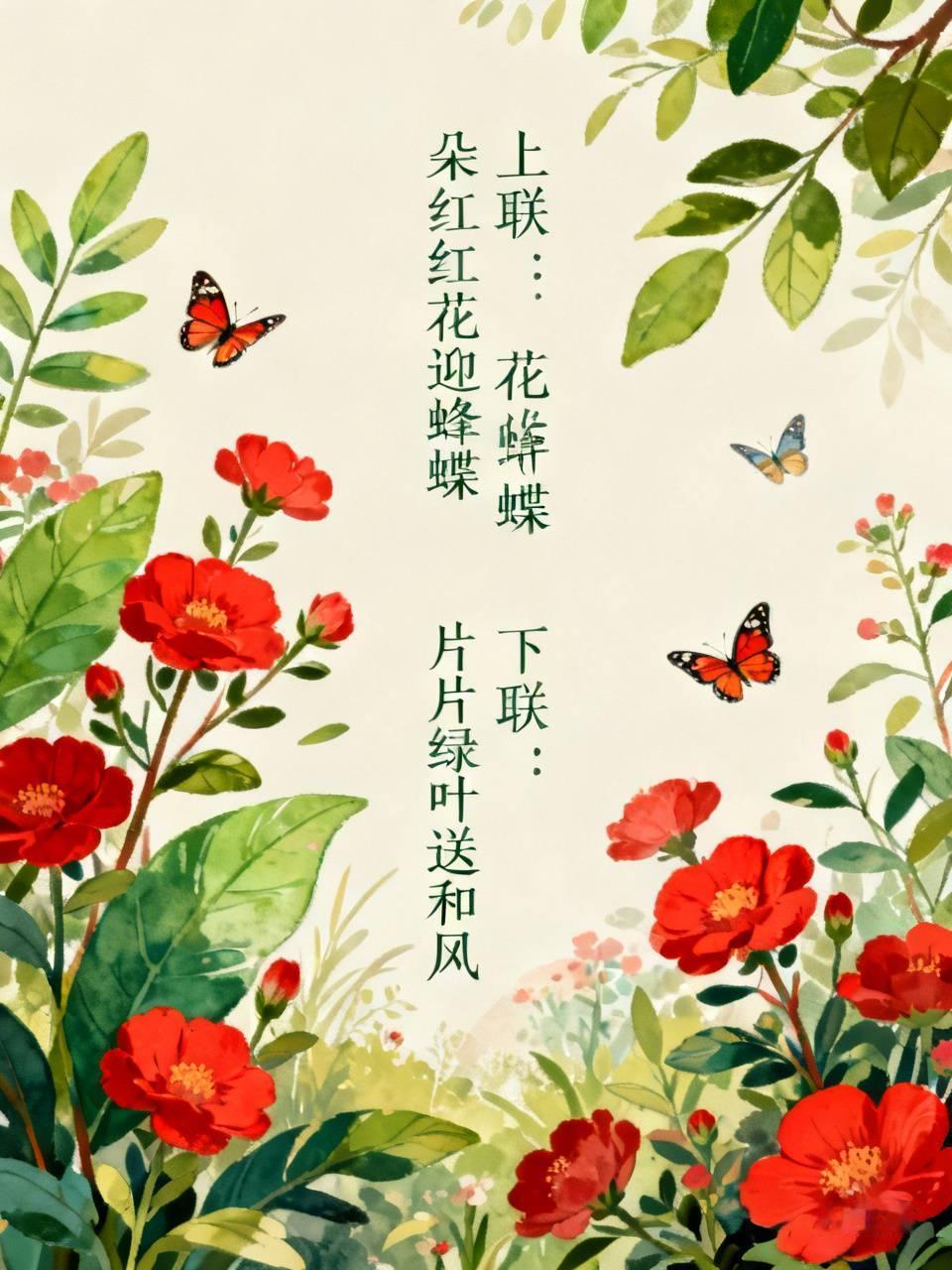 上联：朵朵红花迎蜂蝶，
下联：片片绿叶送和凤。