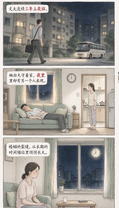 丈夫上了三年夜班，而我的床上每天都睡着另一个男人。
 
这是国内家事调解栏目记录