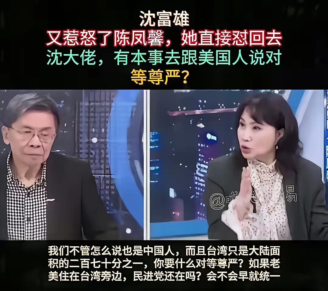 沈富雄在节目中大谈“两岸必须讲对等尊严”。话音未落，就被陈凤馨当场怒怼：“沈大佬