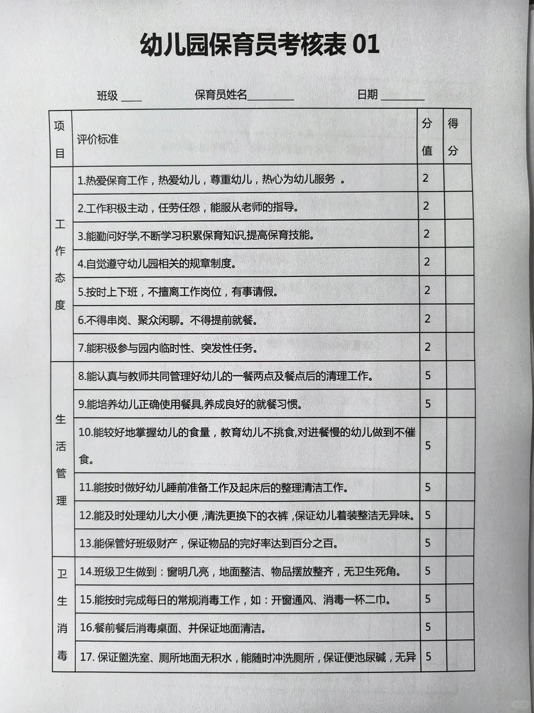 幼儿园保育员工作考核表（6篇）