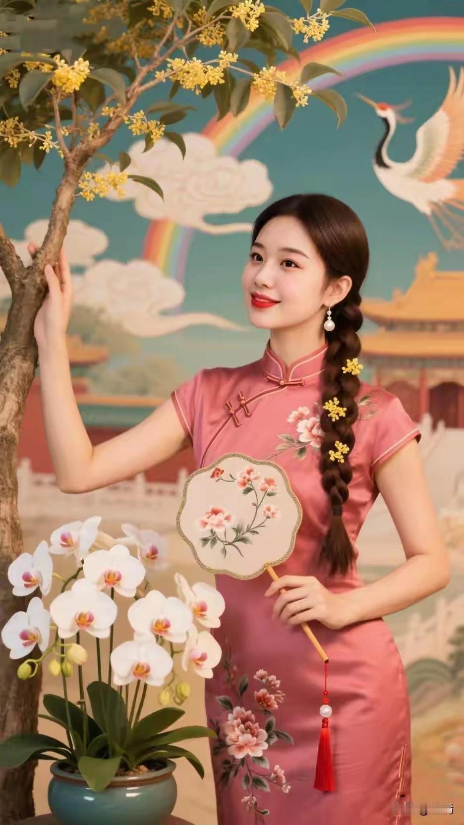 中国旗袍，雍容华贵
桂香入襟，藏尽温柔
出水芙蓉，千娇百媚
名眸皓齿，美若冠玉