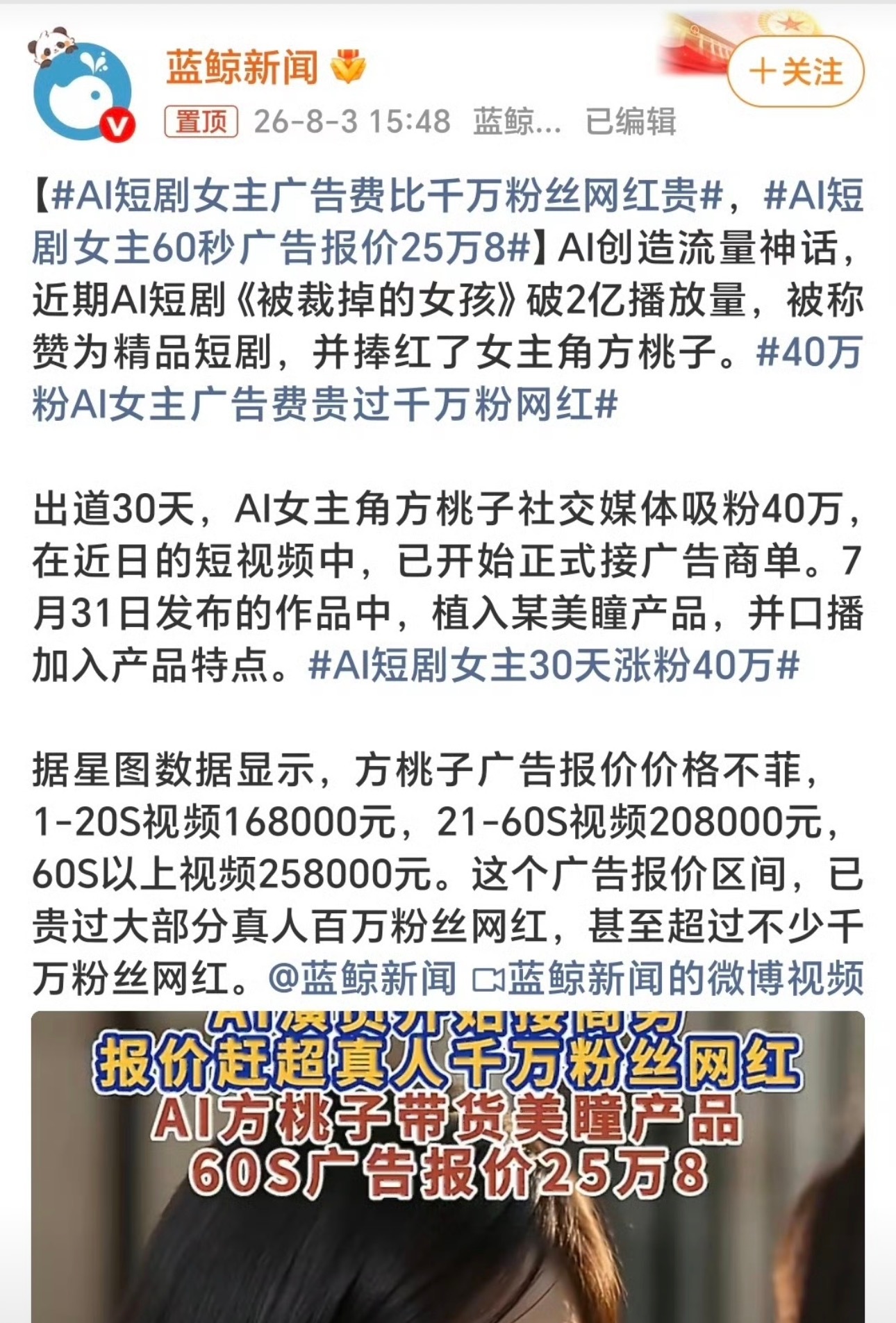 AI短剧女主60秒广告报价25万8挖槽，AI女主60秒广告报价25万8，这个价格