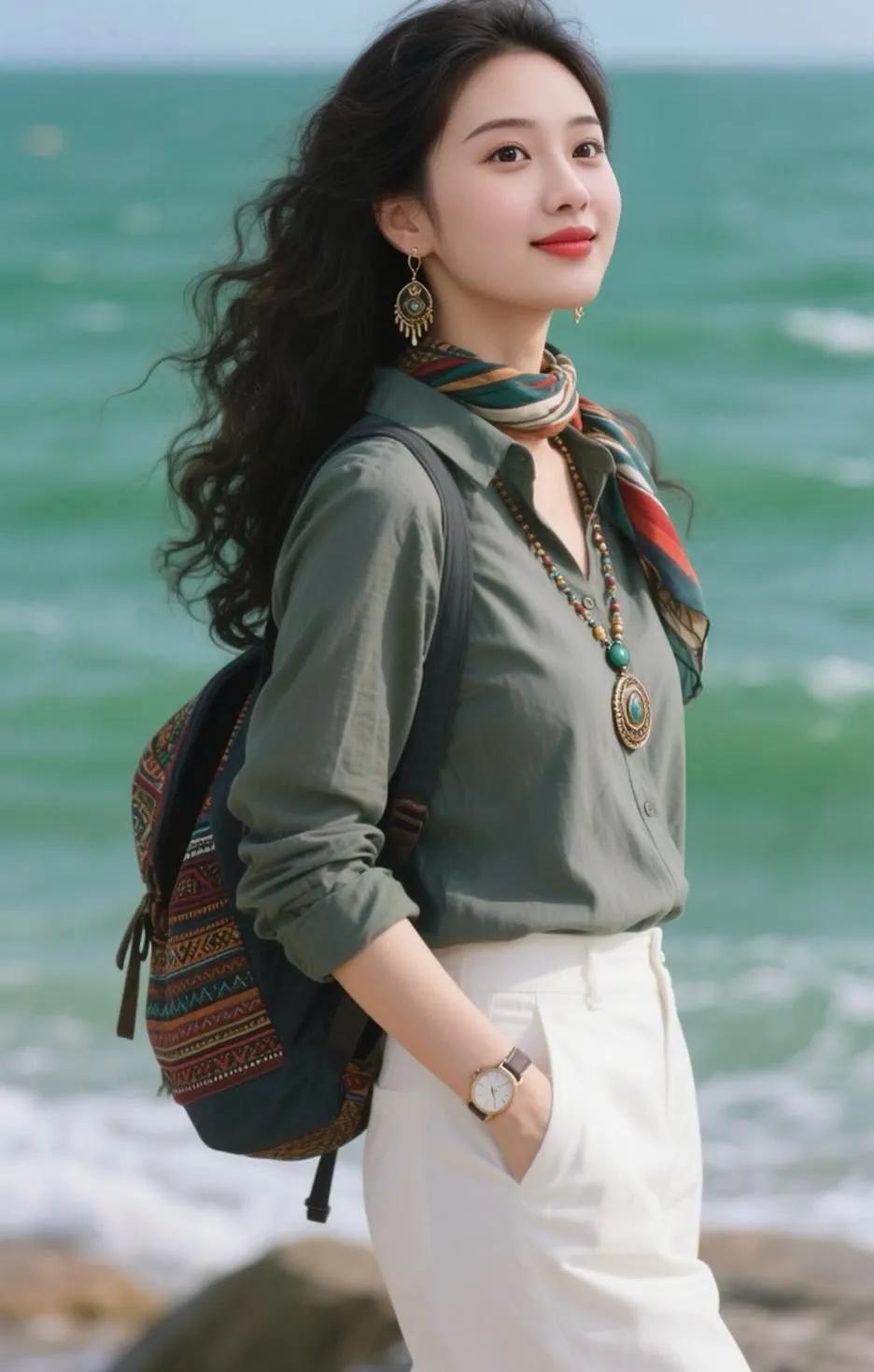 海边漫步，绿意盎然，时尚穿搭，自然清新