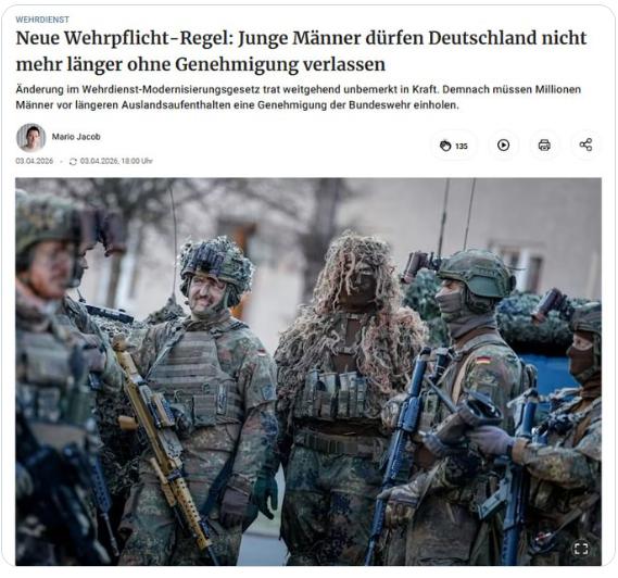 【德国正在讨论限制男性离境的问题——到底发生了什么？ 】德国媒体报道了兵役法的一