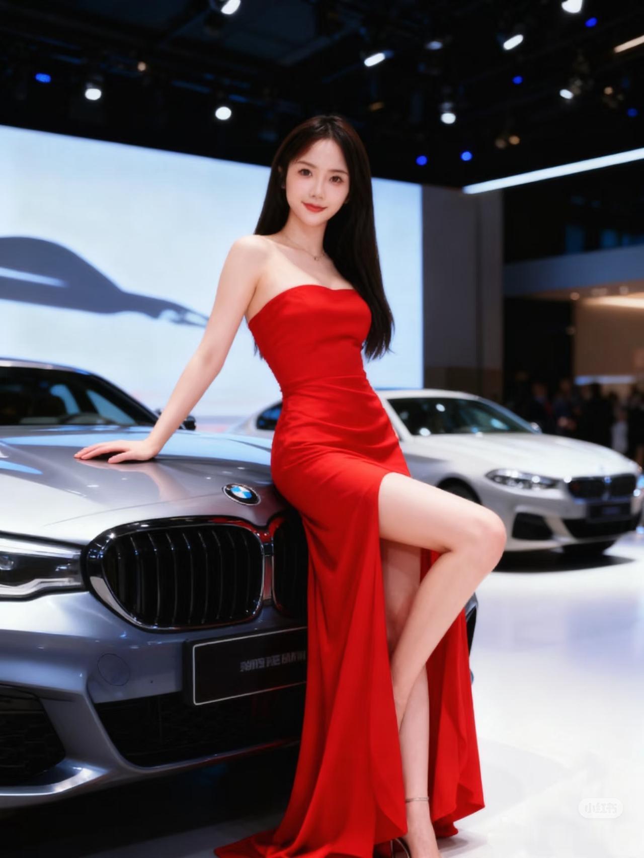 红裙女神与宝马车，尽显优雅与奢华！💃🚗