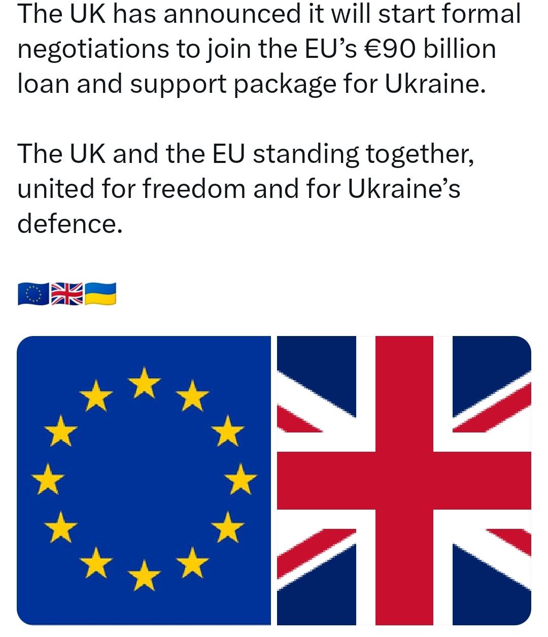 英国已宣布将启动正式谈判，以加入欧盟为乌克兰提供的 900 亿欧元的贷款及援助计