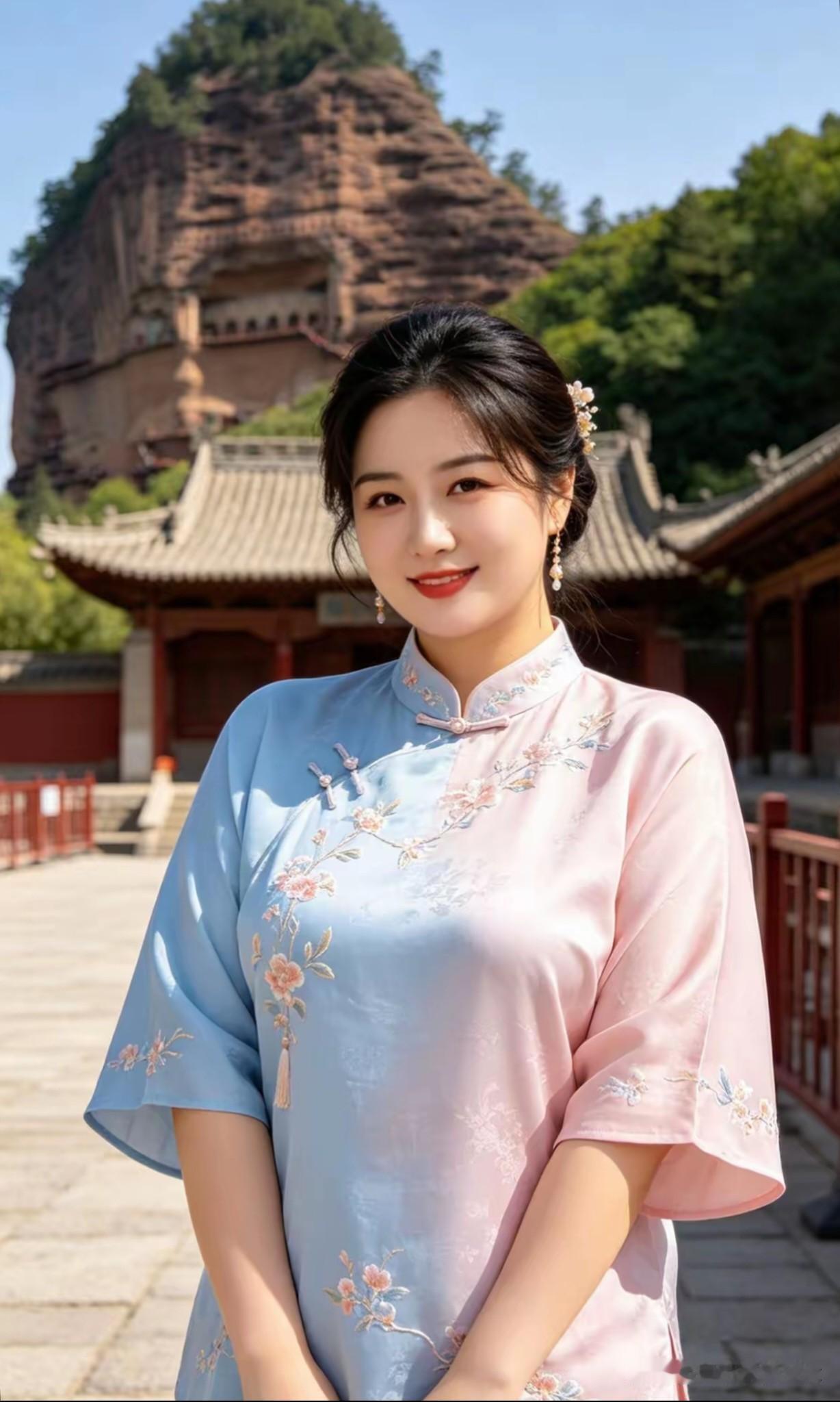 浅粉轻蓝绣锦裳，嫣然一笑立阶旁。
青山古寺相辉映，人伴晴光韵自长。

【絮语】：