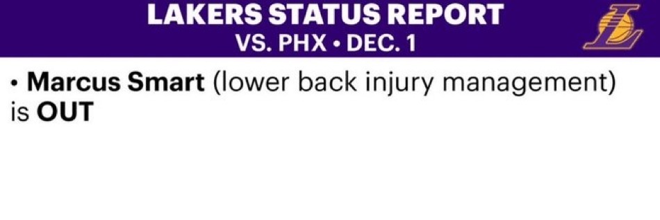 湖人主场对阵太阳伤病报告：除斯玛特（下背部伤病管理）之外，其他球员均可出战！ 