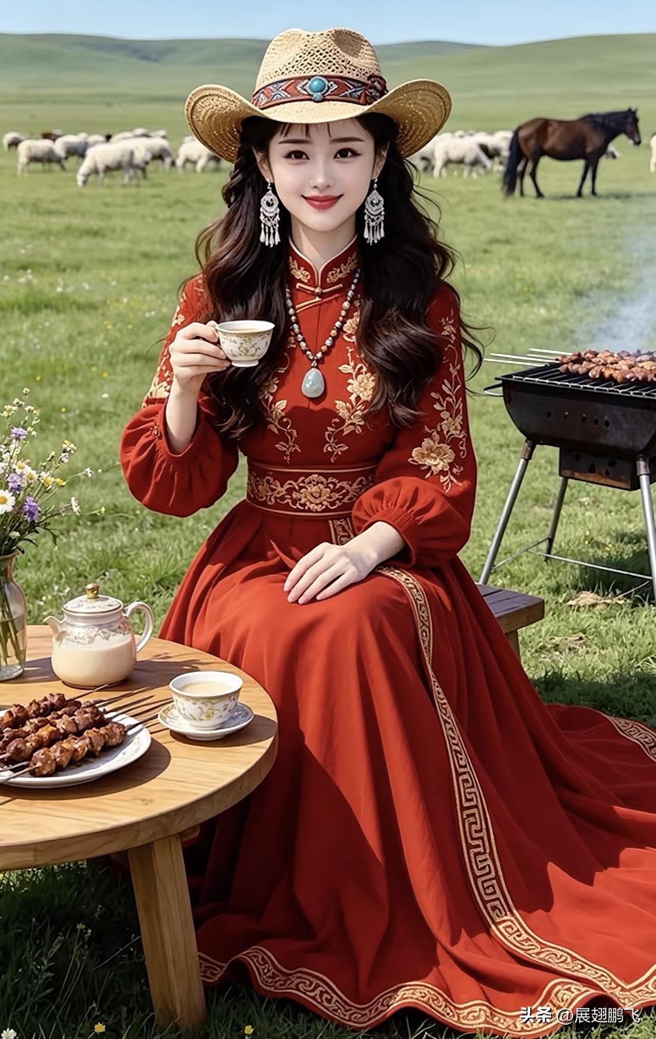 红衣美人饮茶间，草原牧歌入画来。草原美人照 草原红衣少女 草原姑娘写真 草原红衣