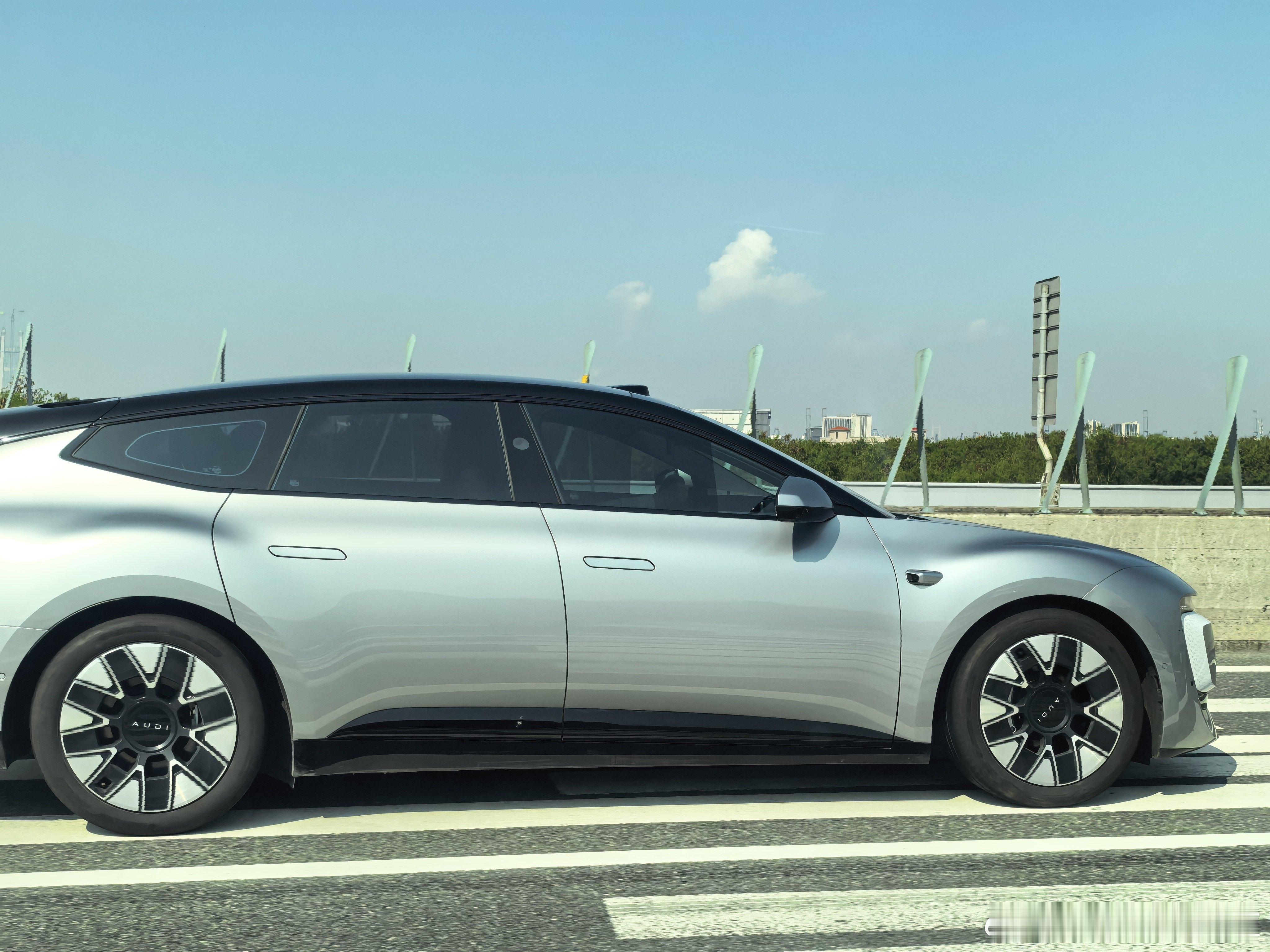 AUDI E5 这个配色比较帅，而且很有辨识度，后视镜很远就知道这是 AUDI 