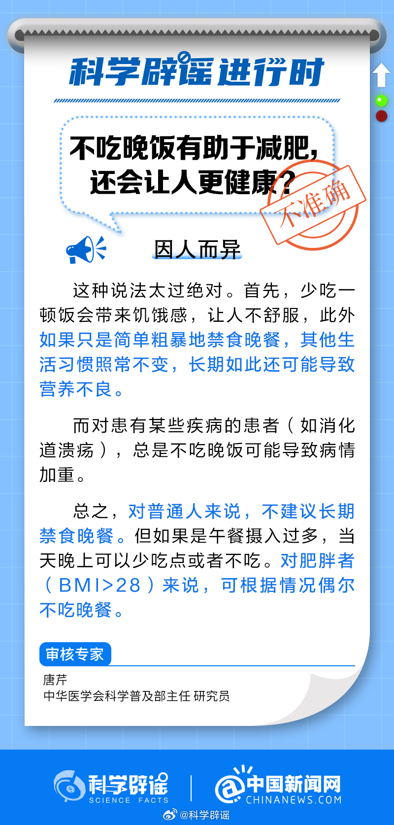 #科学辟谣进行时#【#不吃晚饭有助于减肥吗#？还会让人更健康？】这种说法太过绝对