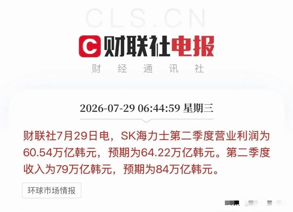 SK海力士第二季度营业利润同比增长557%至60.5万亿韩元，但低于分析师预期的
