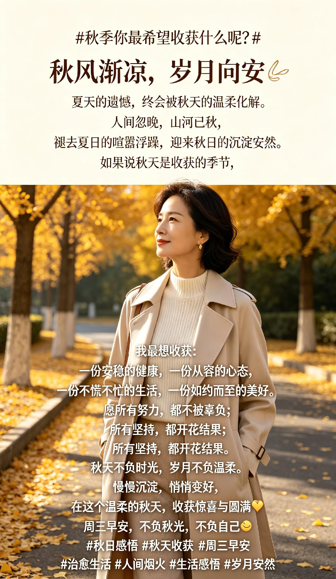 秋季你最希望收获什么呢?
秋风渐凉，岁月向安🍂
夏天的遗憾，终会被秋天的温柔化
