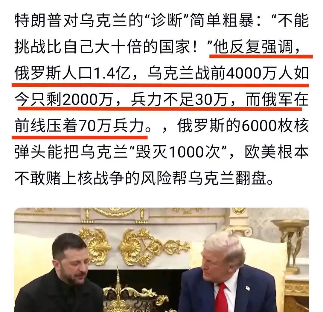 乌克兰战前人口4000万，打了三年，有些人口逃到国外，士兵伤亡一茬又一茬。特朗普