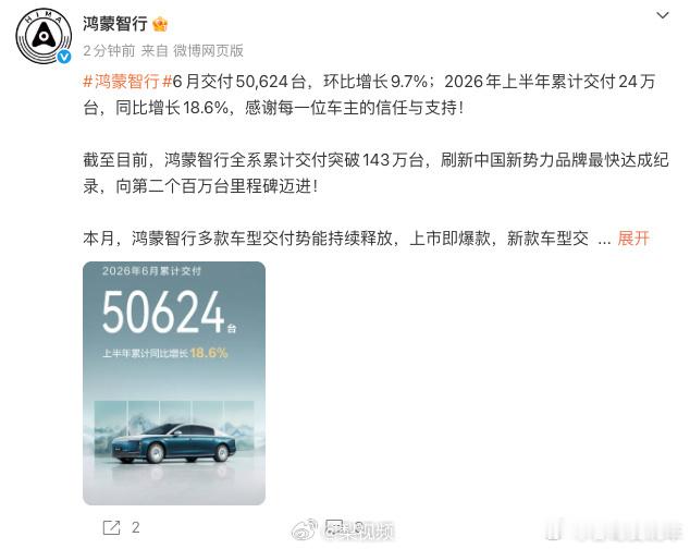鸿蒙智行上半年交付24万台这成绩可以，上半年每月4万台，下半年要是每个月干到6-