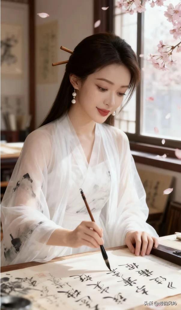 粉瓣飘窗落砚旁，
白衣女子写华章。
笔端藏尽春山意，
落纸挥毫秋水漾。