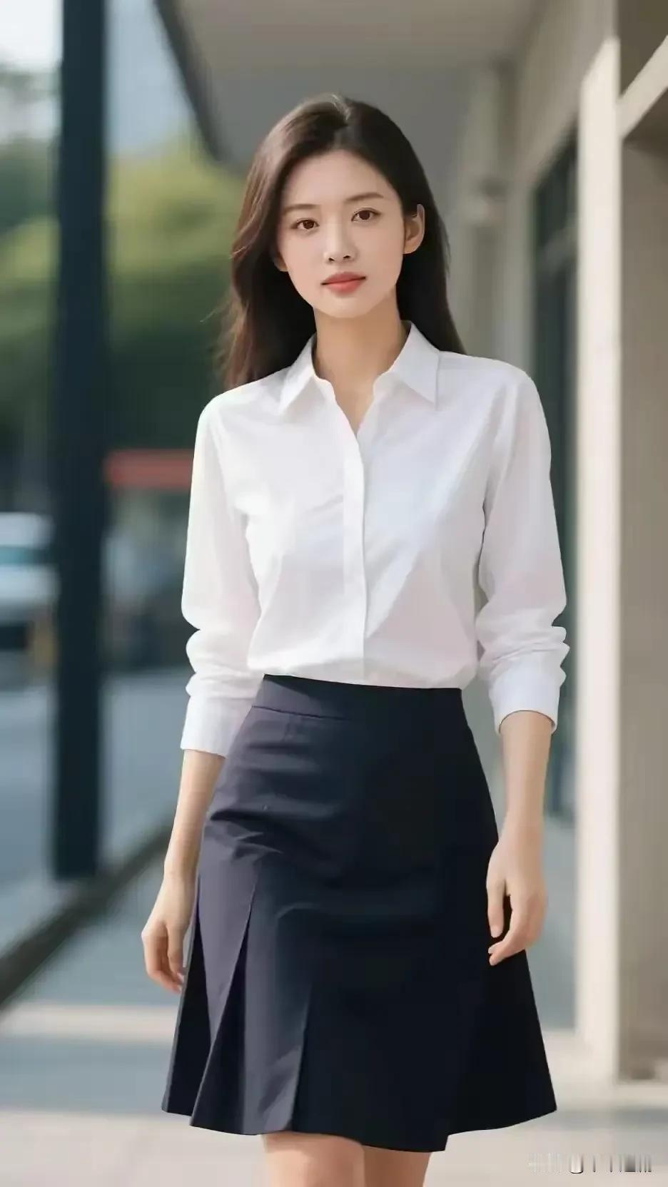 💼 白衬衫配藏青半裙，是职场里的利落底气，步履从容间，把专业与温柔都穿在了身上
