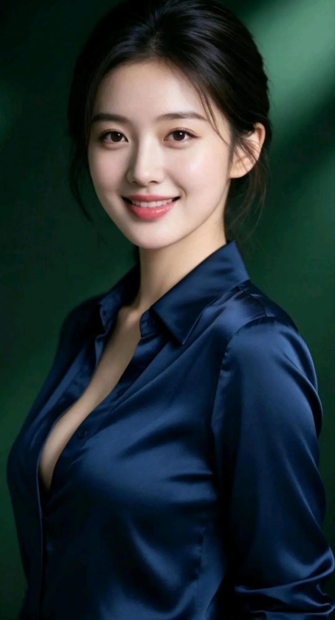 缎面蓝衬衫简约通勤造型，温婉大方尽显成熟知性美。
气质感蓝衬衫 美女