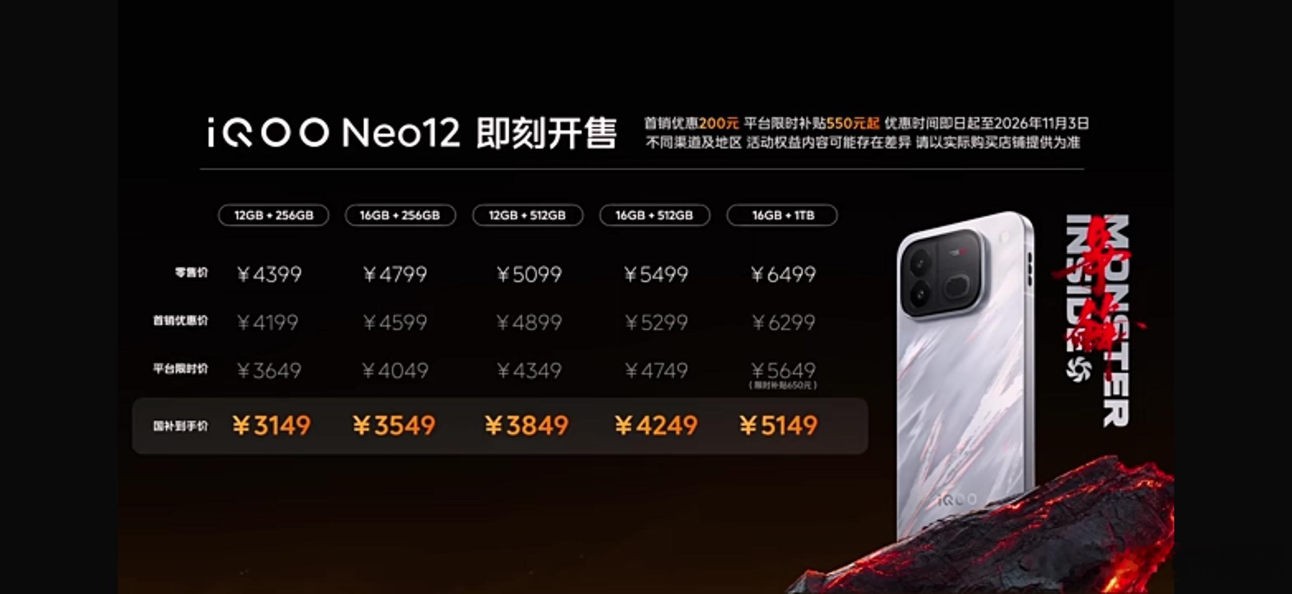 iQOO Neo12国补后售价3149元起，卖点骁龙8e5，风扇，2K 185H