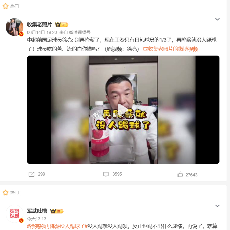 徐亮称再降薪没人踢球了    这段我听了，说得整体也不算错，中国足球职业球员确实