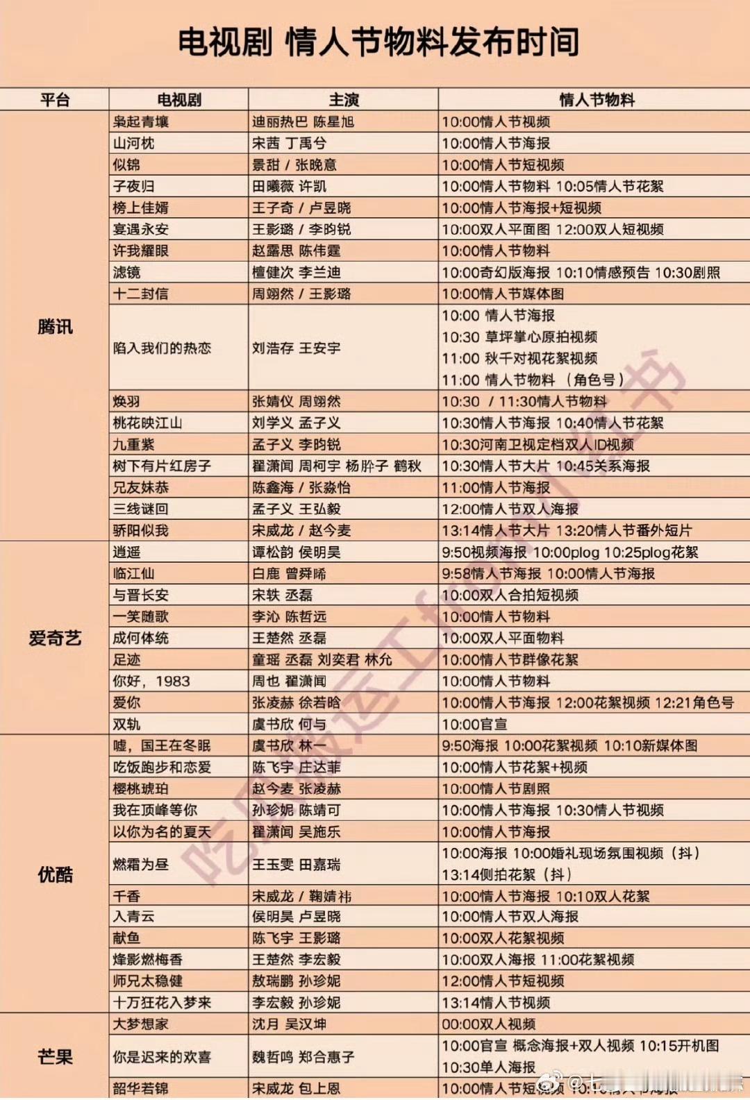 明天要发布情人节物料的电视剧时间表：迪丽热巴、陈星旭《枭起青壤》宋茜、丁禹兮《山