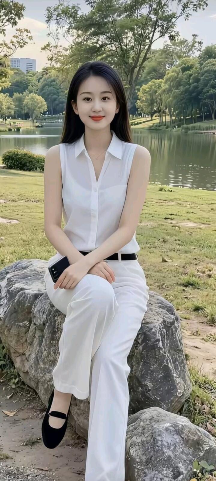 清新白色套装，搭配黑色小皮鞋，尽显优雅气质！🌞💃🏻