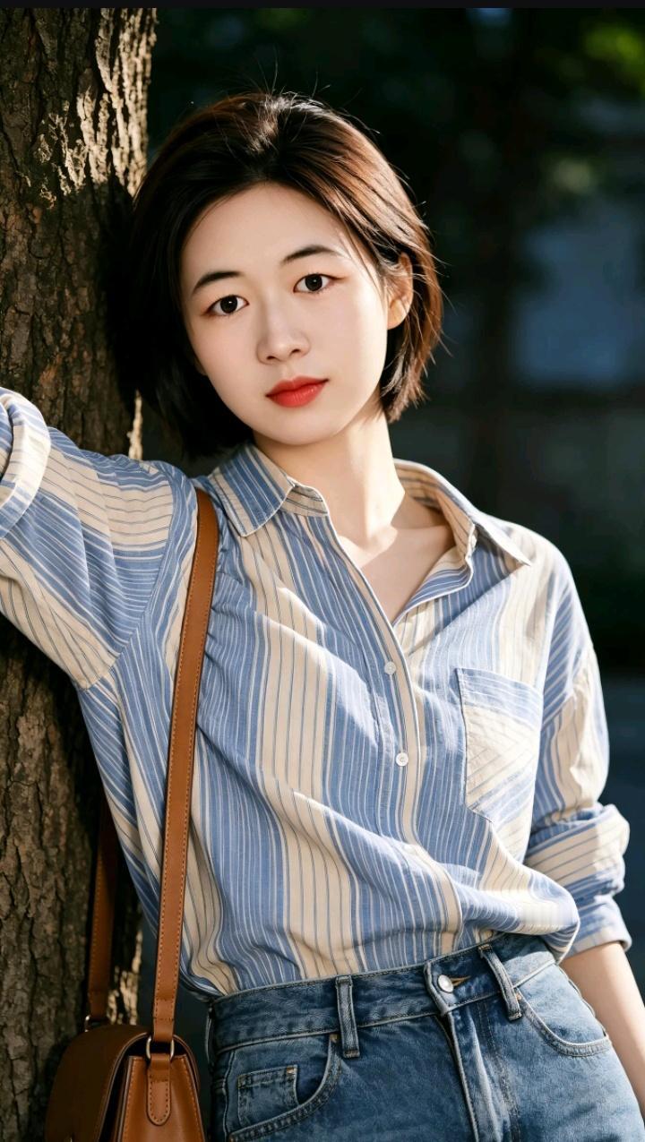 一个女孩靠在树上，穿着条纹衬衫。为什么现在的小美女都喜欢自拍 溪边淑女照 碎花穿