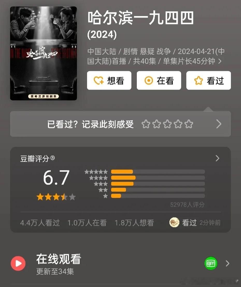 哈尔滨 评分从6.8降到6.7，超过五万人打分，这部剧到也没网传的这么差，看评分