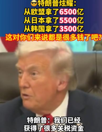 特朗普炫耀上了！
他声称从各国通过关税获得巨额收入，从欧盟拿了6500亿、从日本