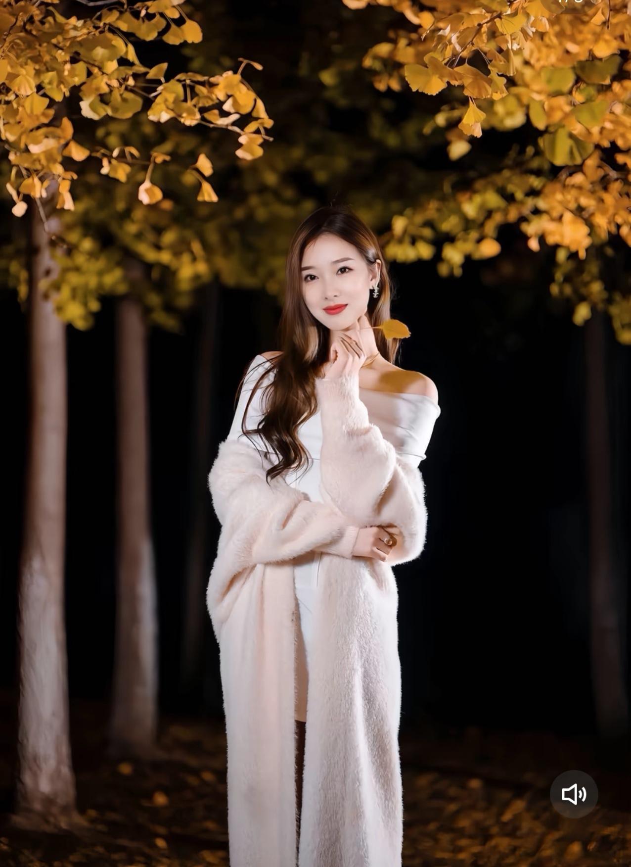 深秋的夜晚，月光如水银般倾泻在静谧的公园小径上。银杏树下，一位女子宛如从画中走来