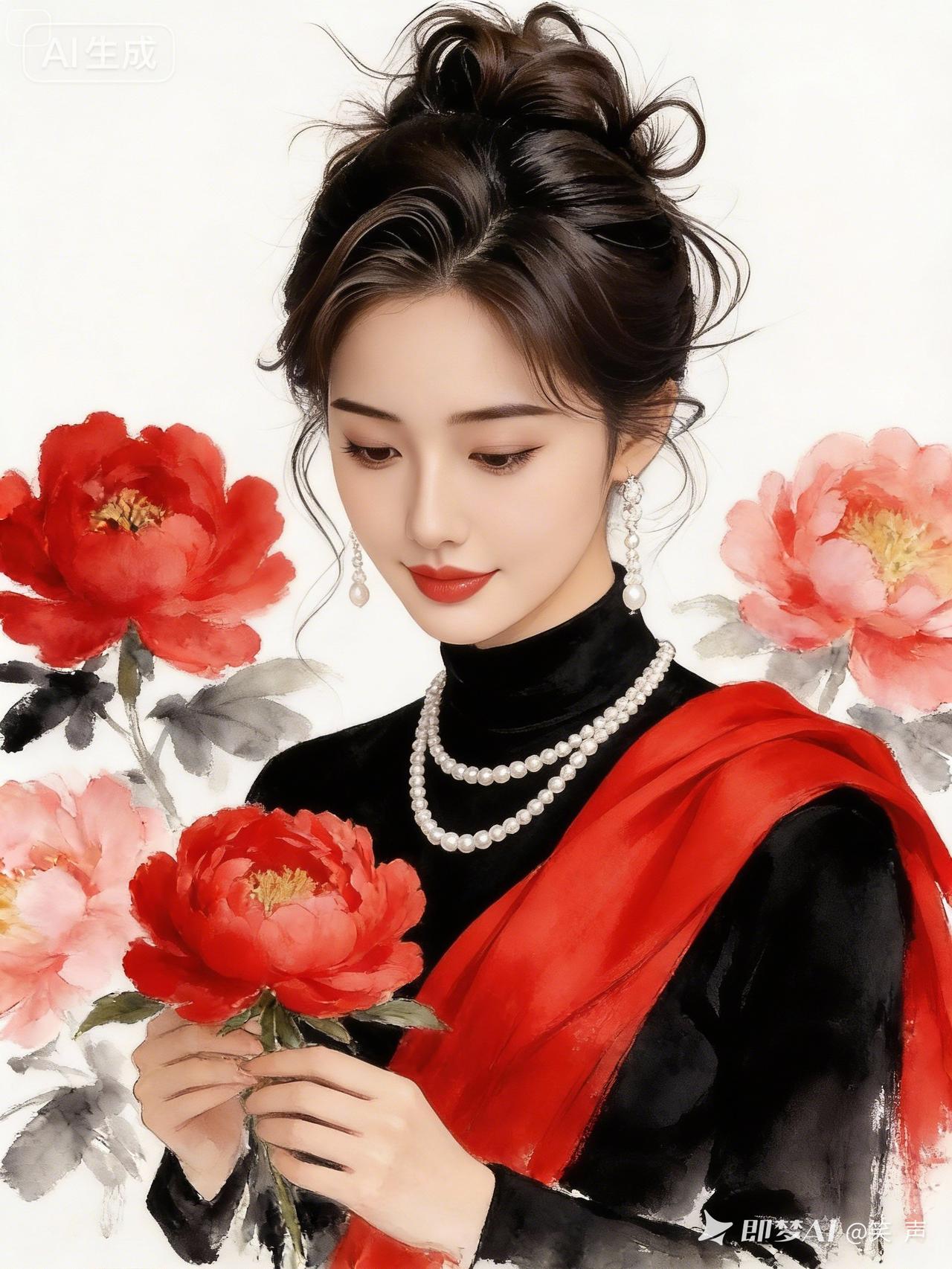 优雅红衣女子，手持牡丹，气质如画。
