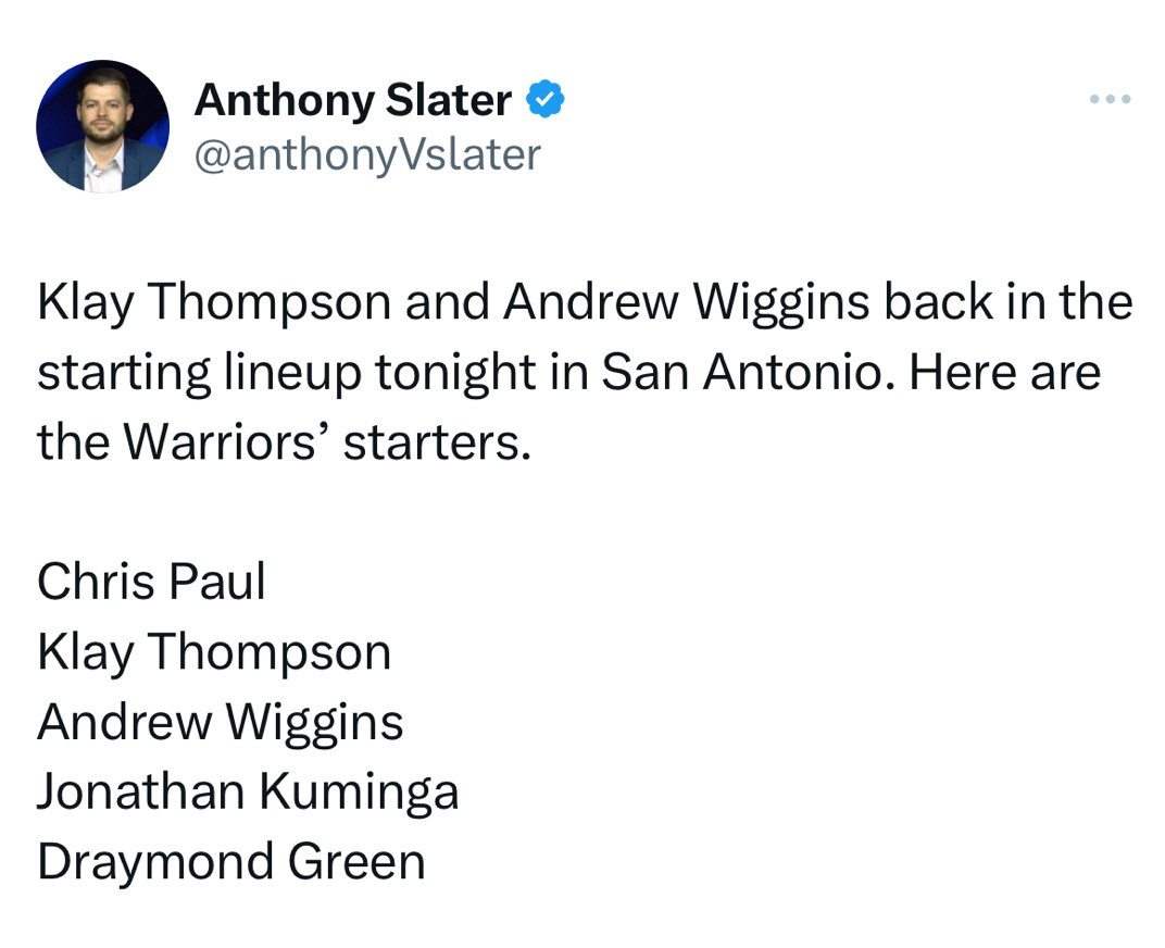 维金斯克莱重回首发：保罗 克莱 维金斯 库明加 格林#金州勇士[超话]##勇士v