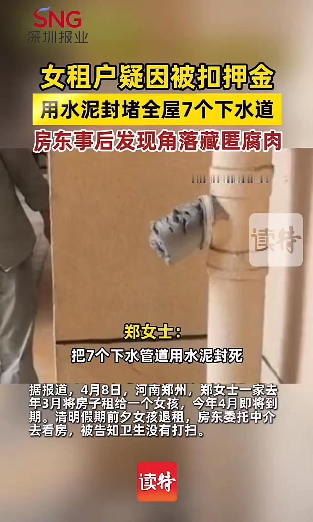 女租客因为被房东扣押金，用水泥封堵全屋7个下水道，还在房间隐秘角落放腐肉，让房间