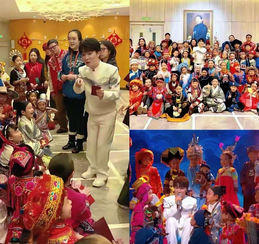 周深在春晚后台应急灯下，半蹲着给56个孩子发红纸包现金。
通道尽头，他蹲下来。