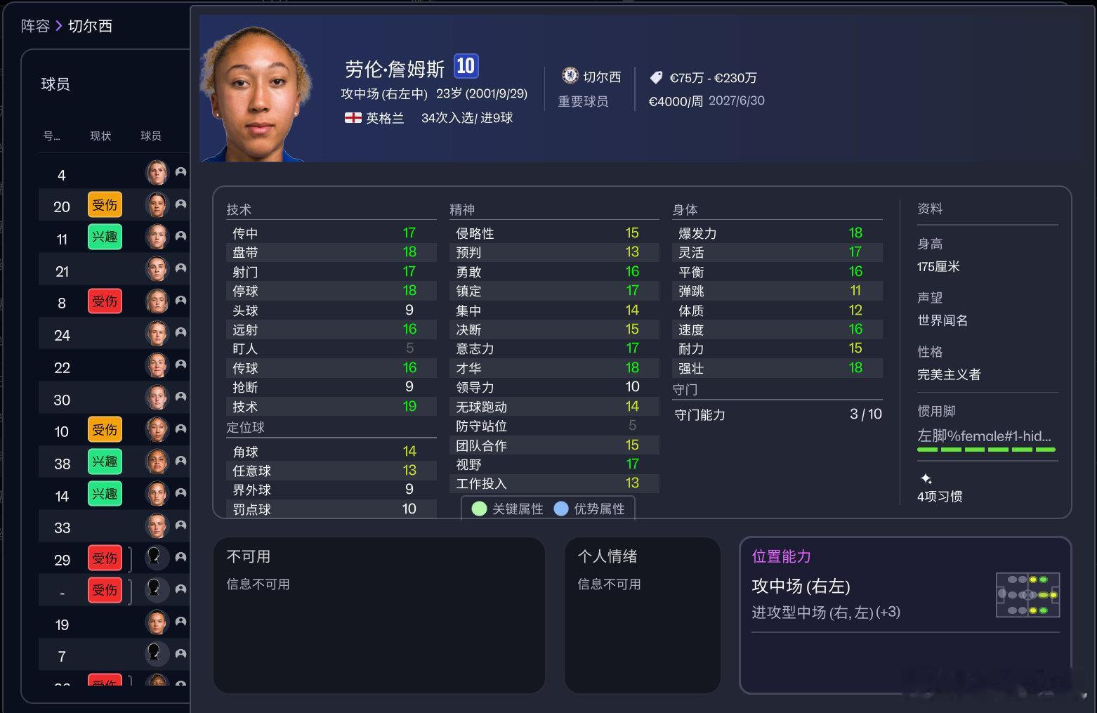 【足球经理26，来看看女足球员们】切尔西男足詹姆斯的妹妹劳伦-詹姆斯，女足金球奖