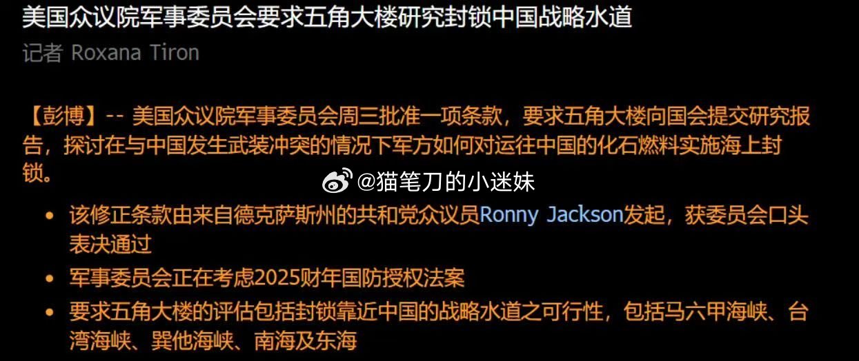 彭博：美国众议院军事委员会要求五角大楼研究封锁CN战略水道，探讨在武装冲突的情况