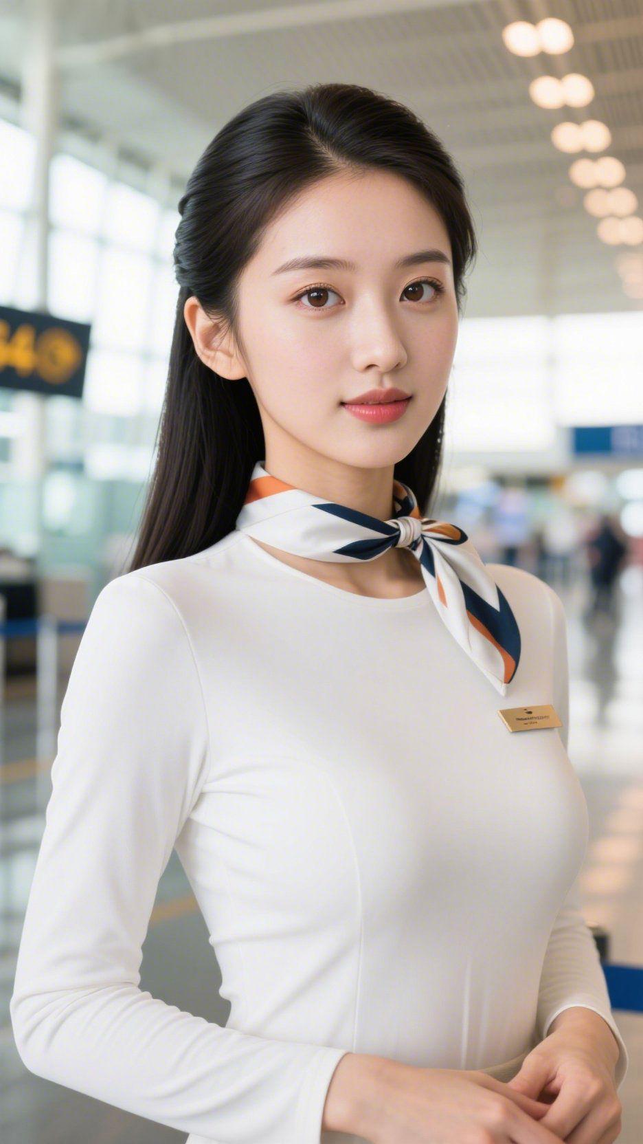 空港里的素色温宁
 
机场的光带沿廊厅铺展，她一身素白立在人流间——像把空港的柔