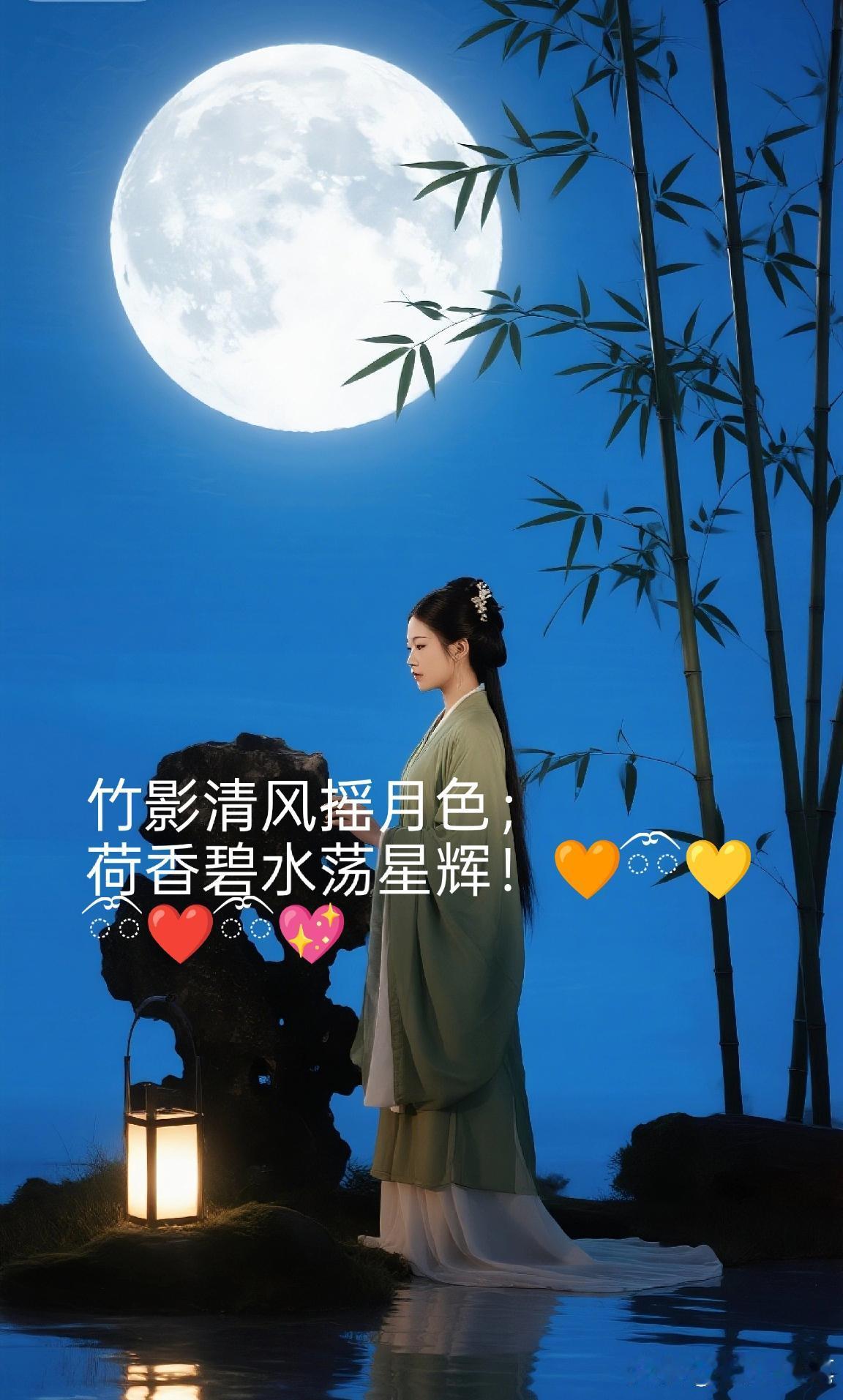上联：竹影清风摇月色；你对下联荷香碧水荡星辉！[可爱][比心][比心][作揖][