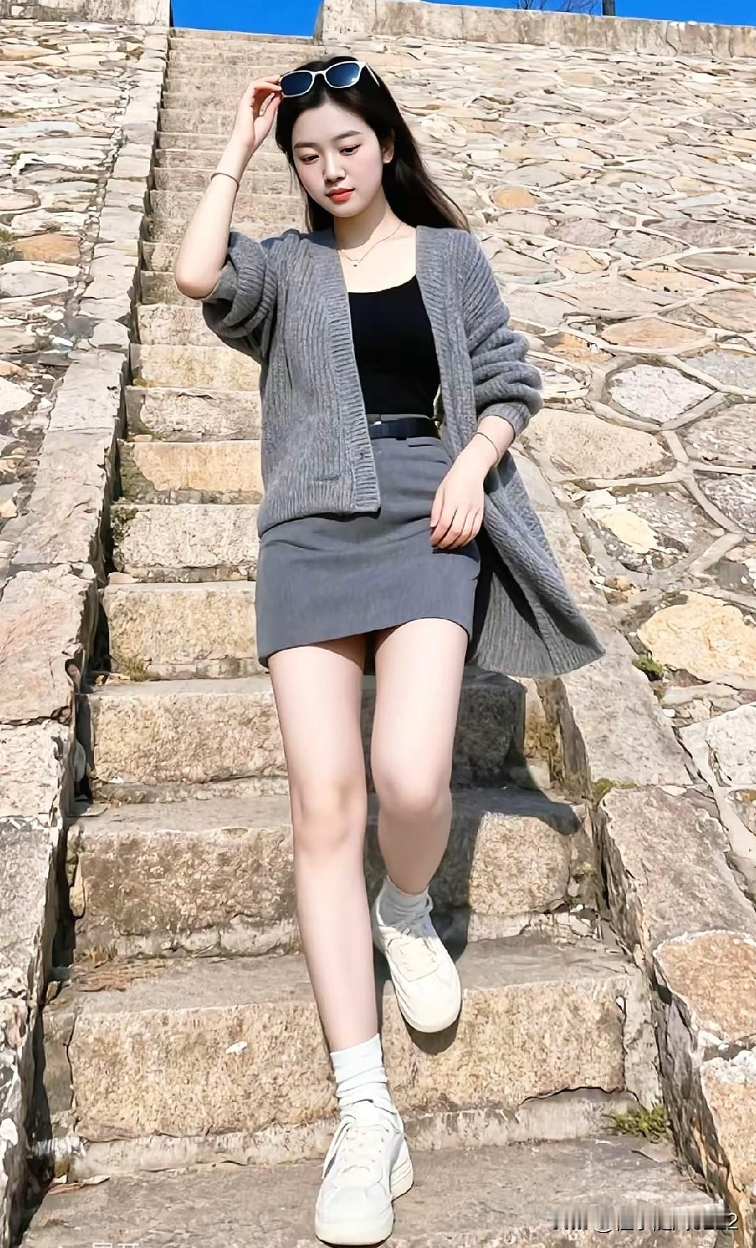 阳光下的石阶，时尚女孩的清新穿搭