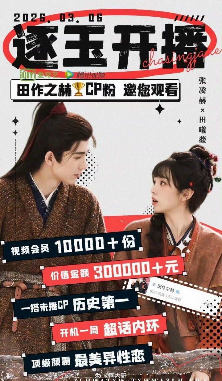 张凌赫田曦薇cp粉云包场破纪录哇塞了啊，就是说这个《逐玉》排面绝了吧，田曦薇和张