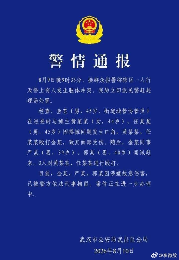 请教一下，武汉这事情，摆摊黄女士、任先生，“殴打”了城管协管员金先生，并且致金先