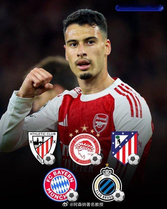 马丁内利成为阿森纳队史上首位在连续五场欧冠比赛中进球的球员 布鲁日0比3阿森纳 